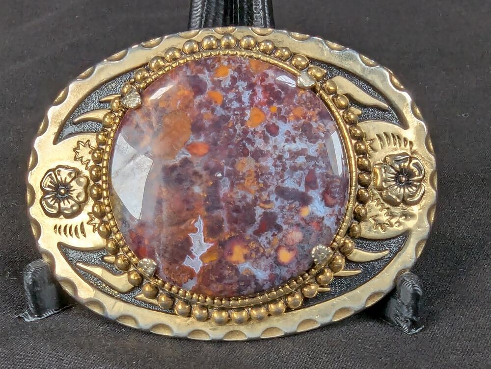 Vintage Western Style Belt Buckle Oval Faux Jasper Cabochon Gold Silver Tone 3in